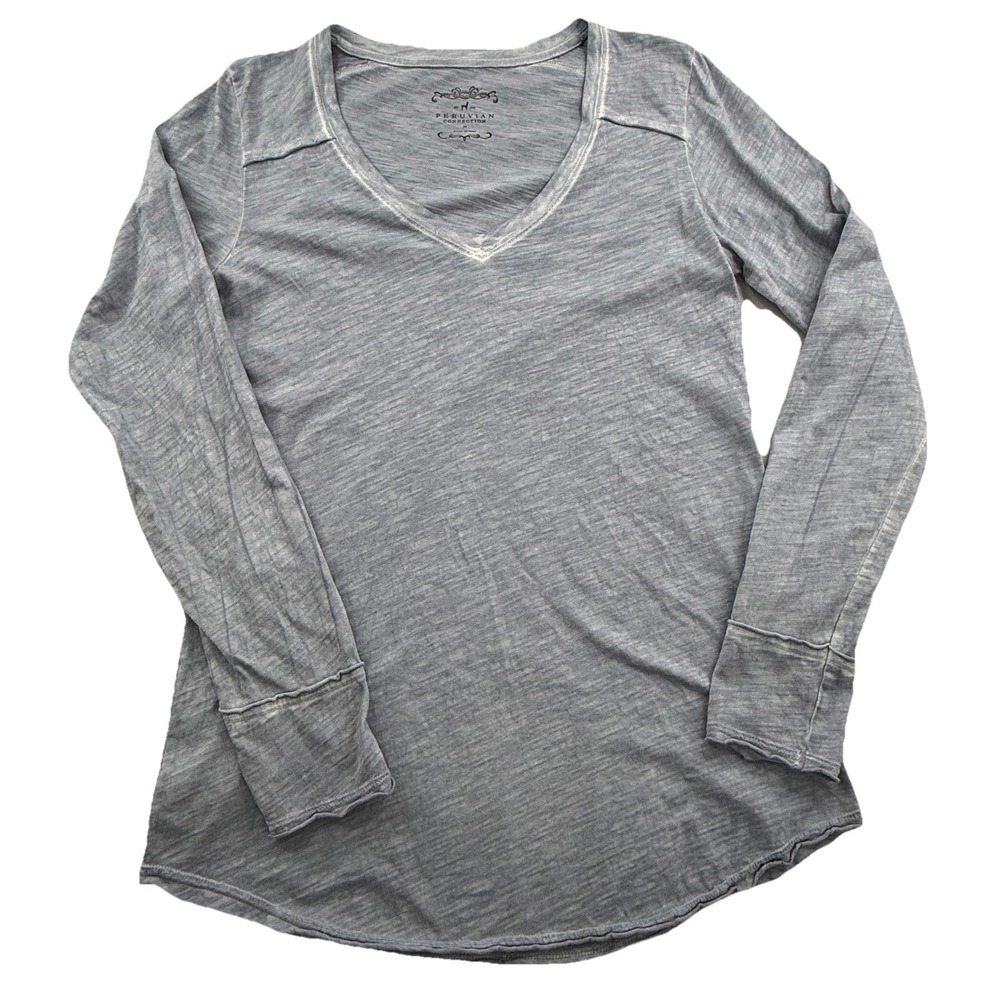 Peruvian Connection Light Blue Slub Knit V-Neck Long Sleeve Tunic Top Women's M